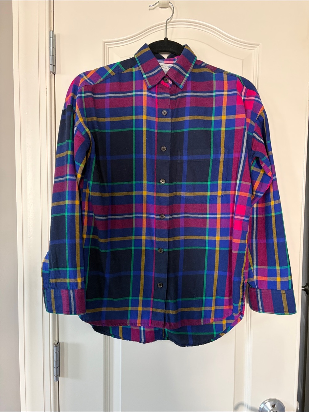 Old Navy Jewel Toned Plaid Button-Down Boyfriend Shirt - Navy, Pink, Yellow